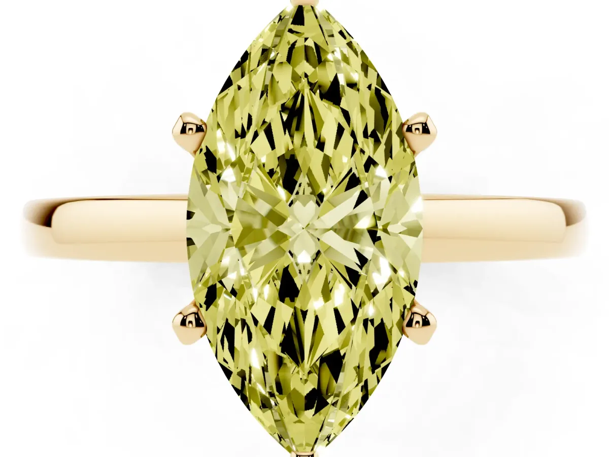 Fancy Yellow Marquise Cut Solitaire Diamond Engagement Ring with Four-Prong Setting on a Classic Band Yellow gold