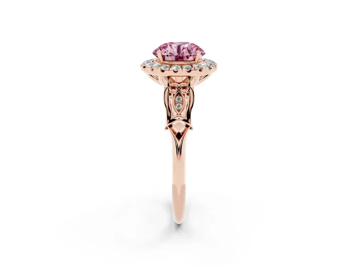 Fancy Pink Round Cut Halo Diamond Engagement Ring with Filigree Band and Four-Prong Setting Rose gold