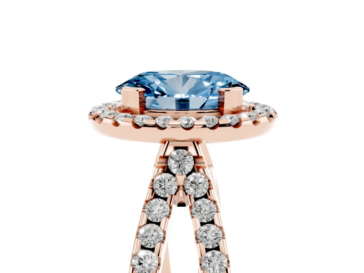 Fancy Blue Oval Cut Diamond Halo Ring with Split Shank Pavé Band and Prong Setting Rose gold