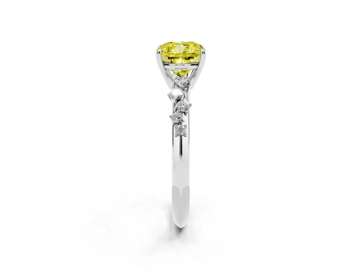 Fancy Yellow Cushion Cut Diamond Cluster Side Stone Solitaire Ring with Prong Setting White gold