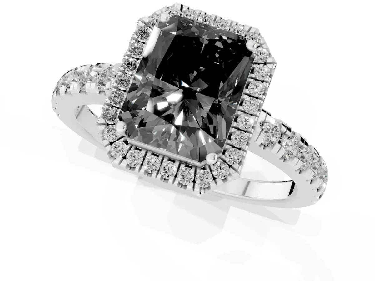Fancy Black Radiant Cut Diamond Halo Ring with Pavé Band and Four-Prong Setting Silver