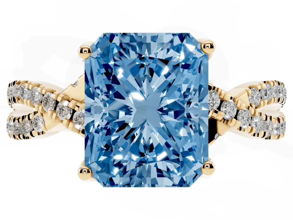 Fancy Blue Radiant Cut Solitaire Twist Pave Diamond Engagement Ring with Prong Setting Yellow gold