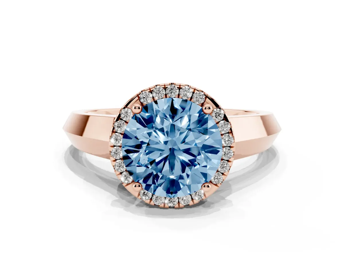 Fancy Blue Round Cut Halo Diamond Ring with Cathedral Band and Four-Prong Setting Rose gold