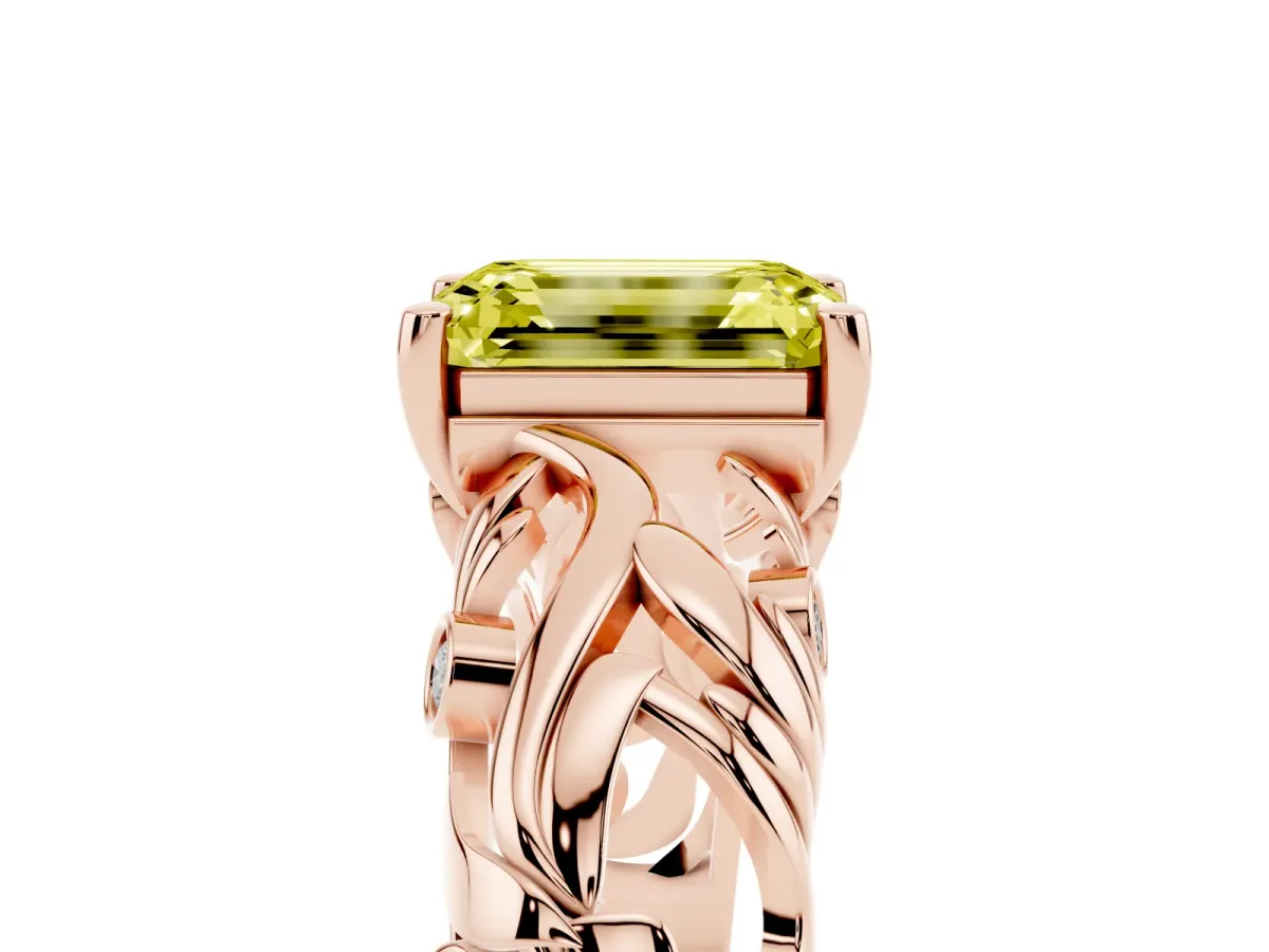 Fancy Yellow Emerald Cut Solitaire Diamond Leaf-Inspired Vine Band Ring with Prong Setting Rose gold
