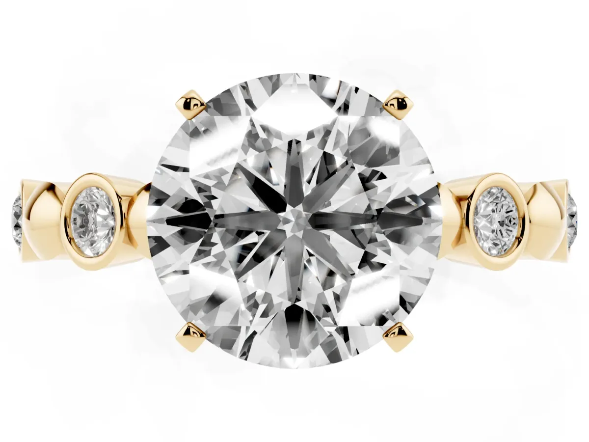 Round Cut Solitaire Bezel-Set Diamond Ring with Beaded Band and Four-Prong Setting Yellow gold