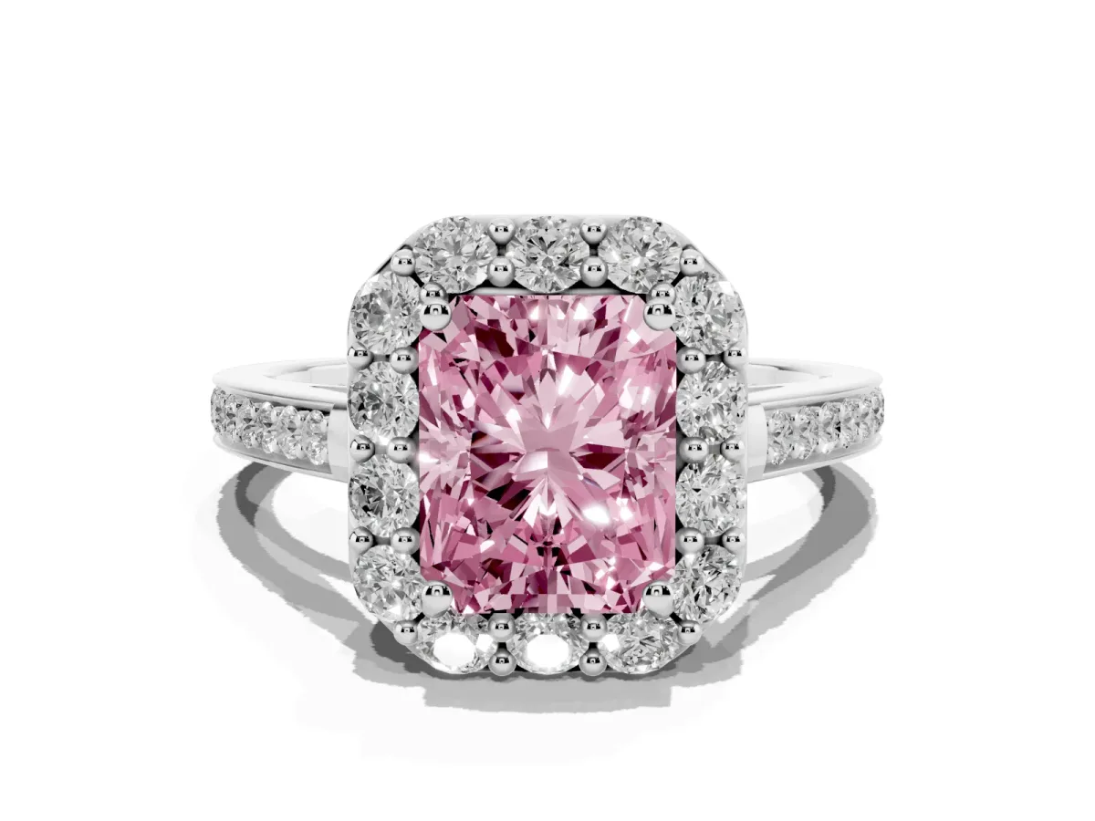 Fancy Pink Radiant Cut Diamond Floral Halo Ring with Pavé Band and Prong Setting Platinum