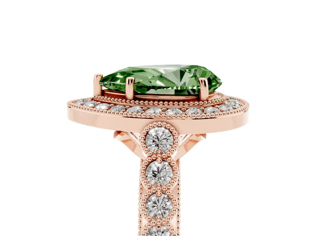 Fancy Green Pear Cut Halo Twist Band Solitaire Ring with Six-Prong Setting Rose gold