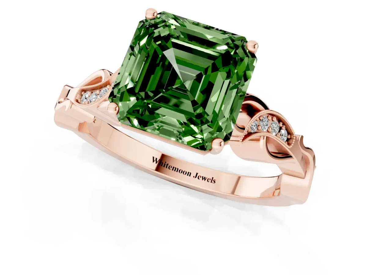 Fancy Green Asscher Cut Solitaire Vine Band with Milgrain Prong Setting Rose gold