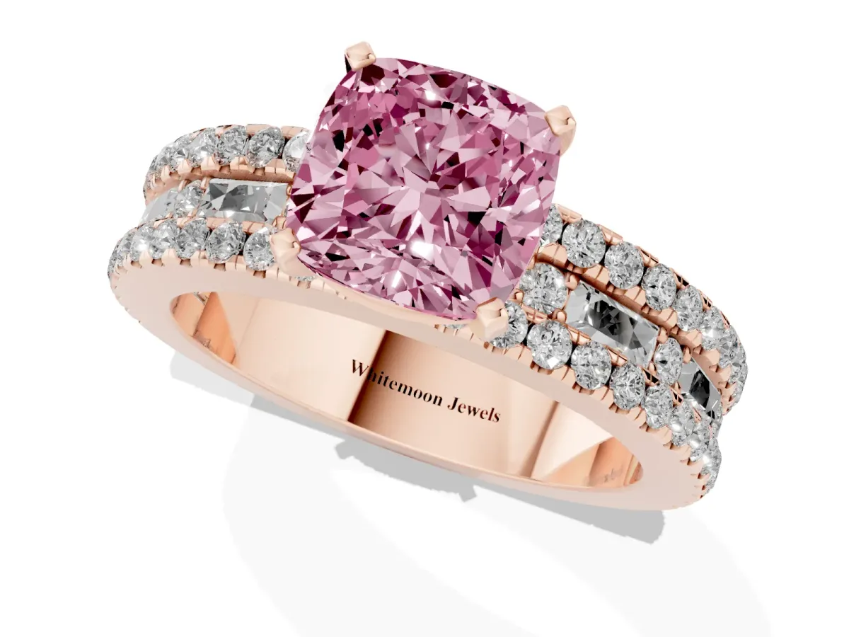 Fancy Pink Cushion Cut Diamond Solitaire Ring with Pavé and Channel Set Band Rose gold