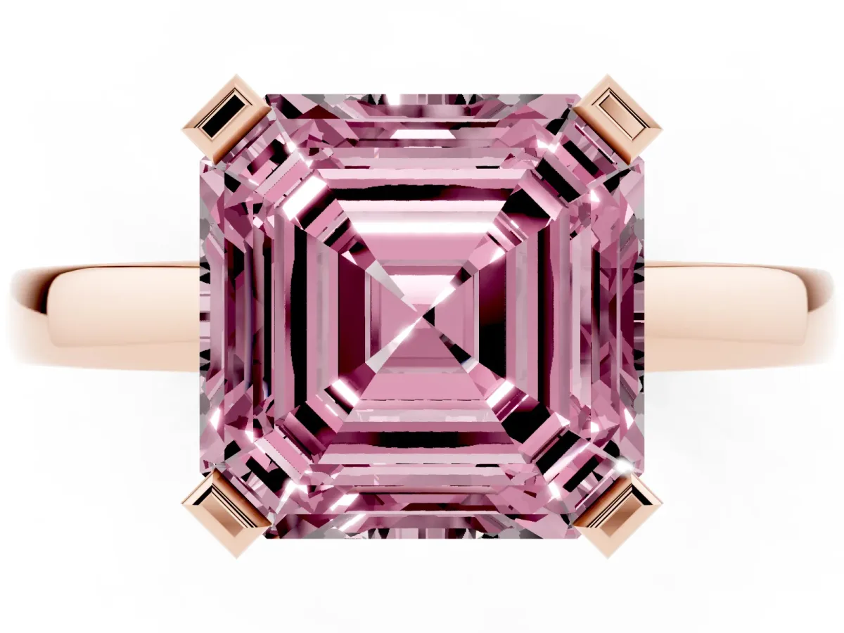 Fancy Pink Asscher Cut Cut Solitaire Ring with Four-Prong Setting and Classic Band Rose gold