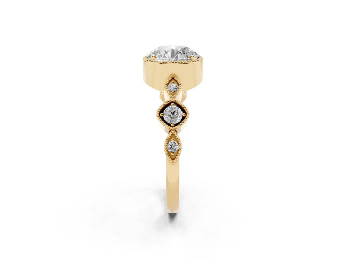 Round Cut Diamond Vintage Milgrain Ring with Round Stations Yellow gold