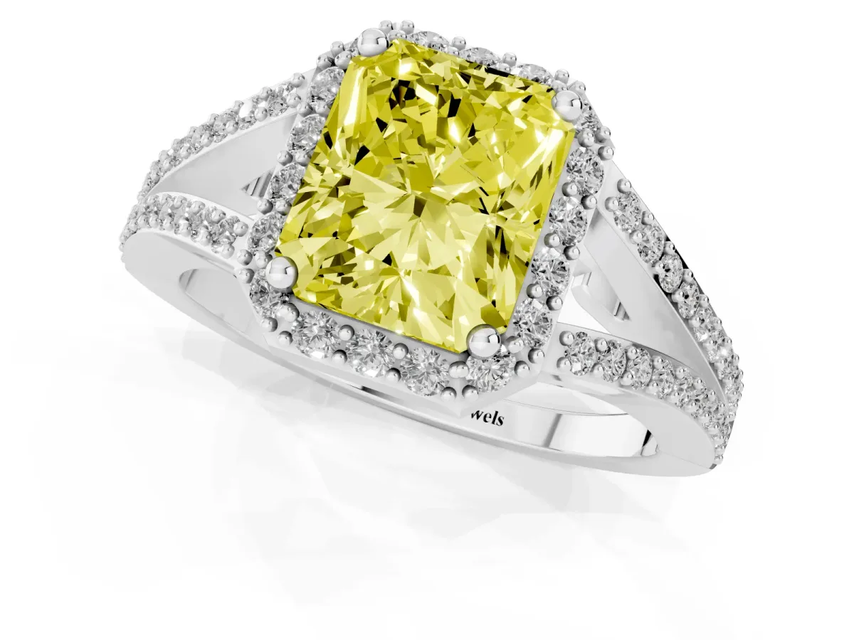 Fancy Yellow Radiant Cut Halo Split Shank Pave Diamond Ring with Four-Prong Setting Platinum