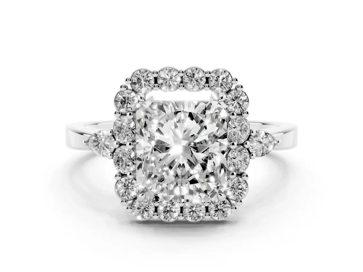 Radiant Cut Diamond Halo Ring with Pear Side Stones and Prong Setting Silver
