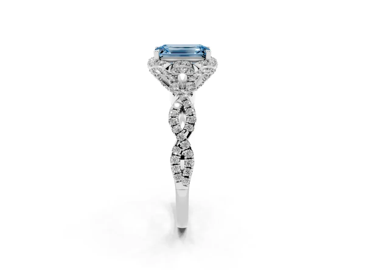 Fancy Blue Emerald Cut Halo Twist Band Solitaire Ring with Six-Prong Setting Silver