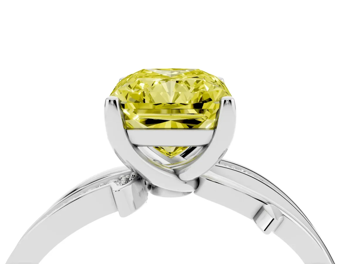 Fancy Yellow Radiant Cut Solitaire Twist Band with Pavé Accents and Four-Prong Setting White gold