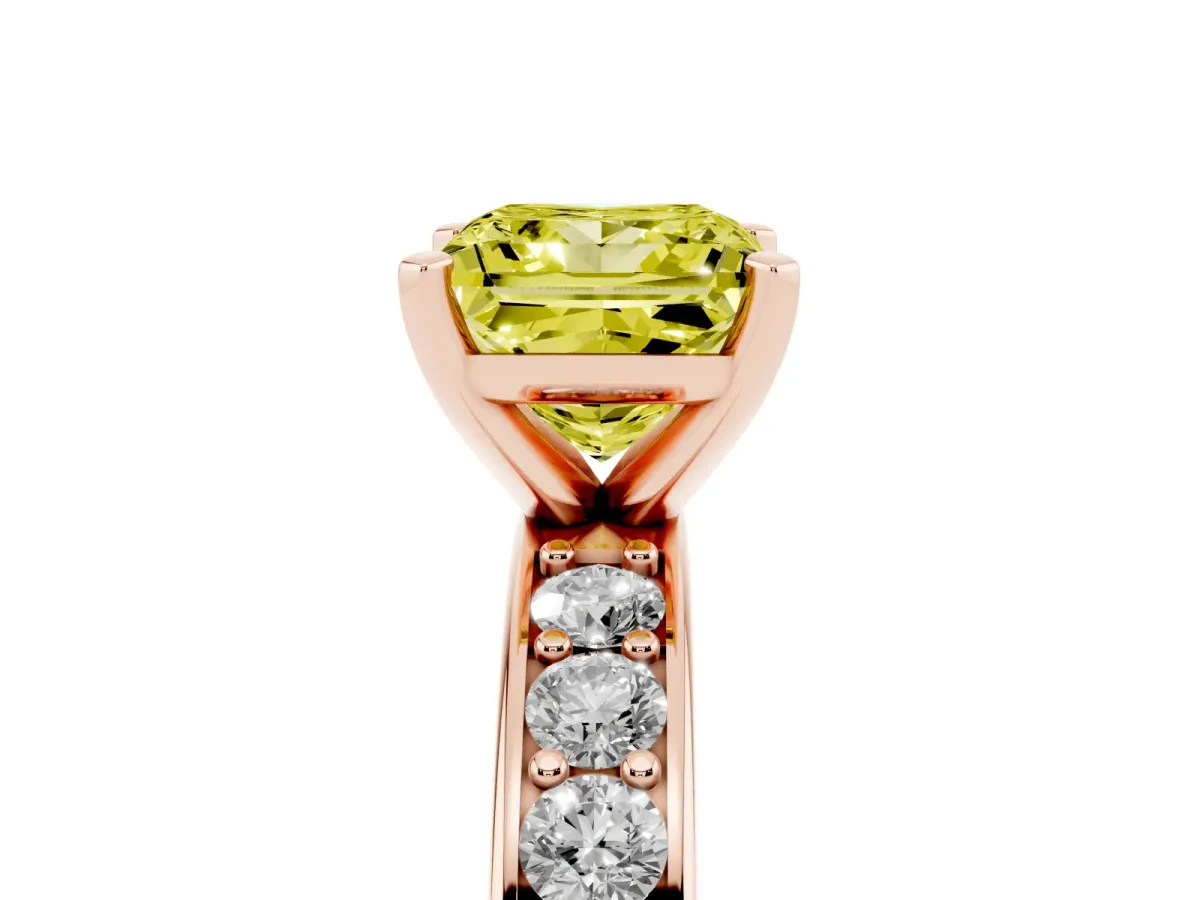 Fancy Yellow Princess Cut Diamond Engagement Ring with Channel Set Round Band and Prong Setting Rose gold