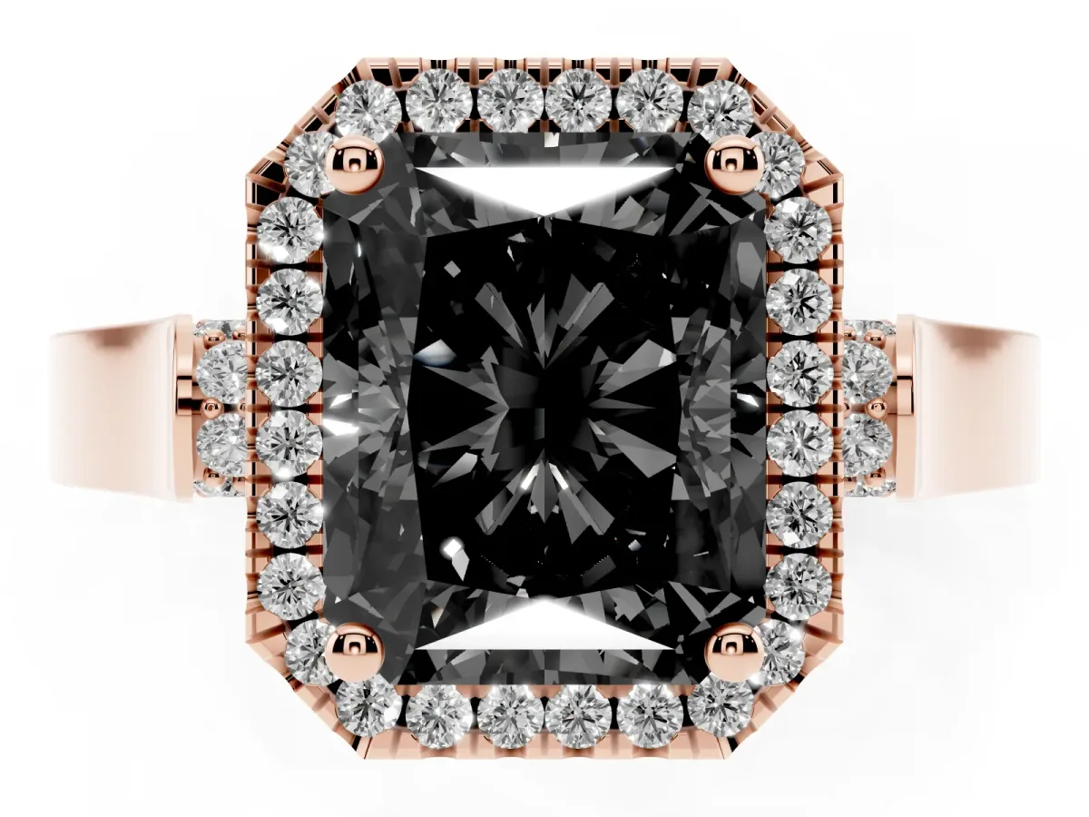 Fancy Black Radiant Cut Halo Round Diamond Twist Band with Four-Prong Setting Rose gold