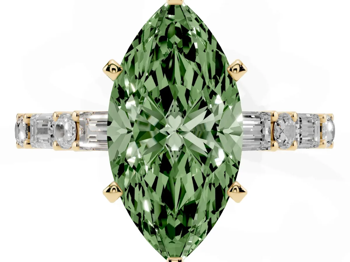 Fancy Green Marquise Cut Diamond Solitaire with Side Baguettes and Channel Set Band Yellow gold