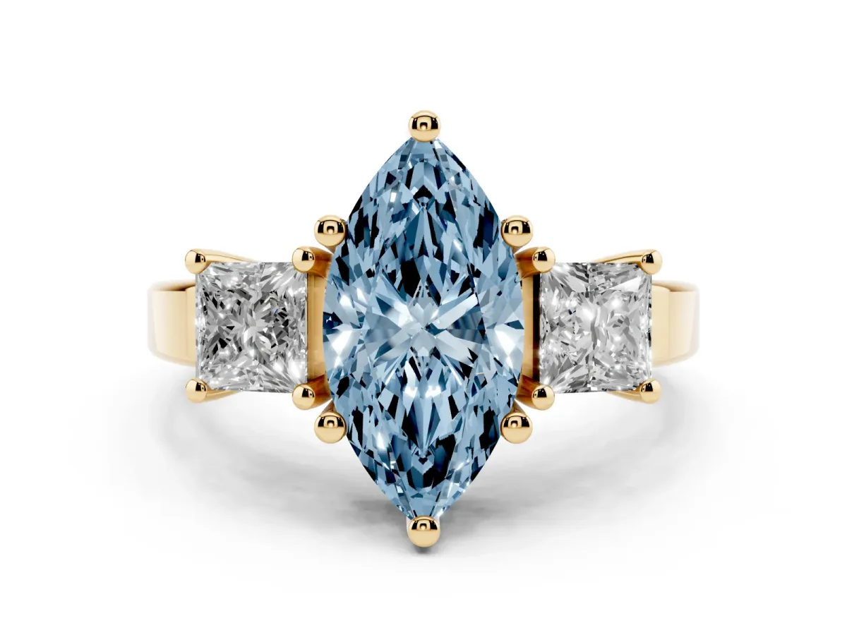 Fancy Blue Three-Stone Marquise Cut Cut Solitaire Ring with Prong Setting Yellow gold