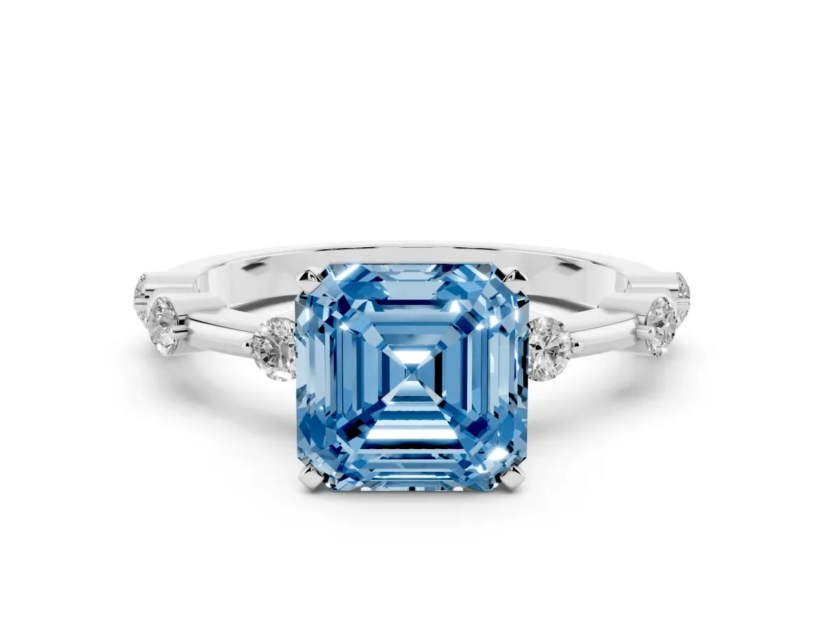 Fancy Blue Asscher Cut Solitaire Diamond Ring with Bezel Set Side Stones and Prong Setting Platinum