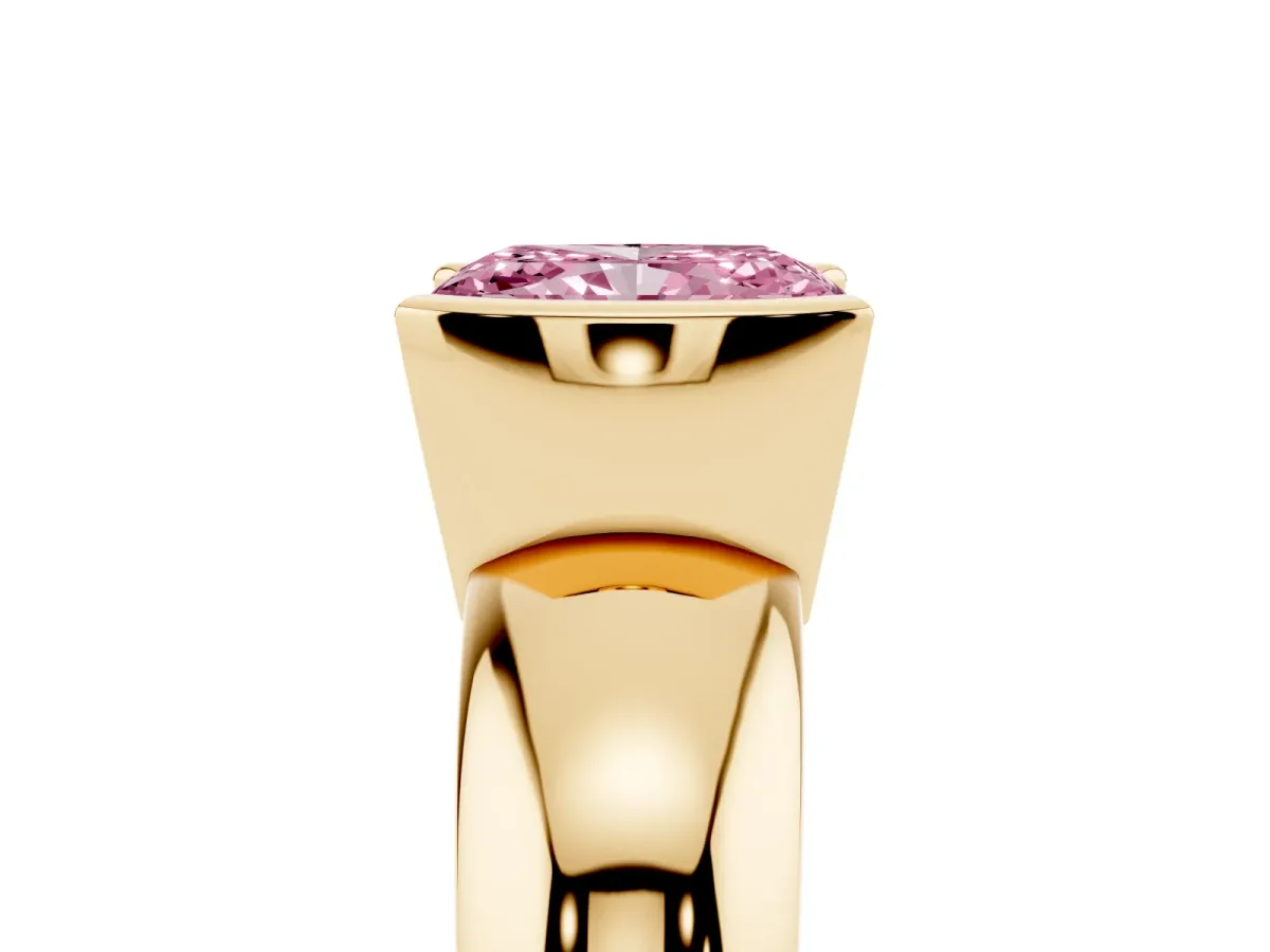 Fancy Pink Radiant Cut Solitaire Tension Set Diamond Ring with Wide Band Yellow gold