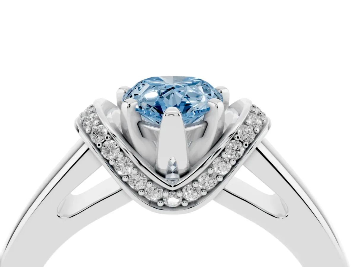 Fancy Blue Pear Cut Solitaire Diamond Ring with Pave Band and Six-Prong Setting Silver