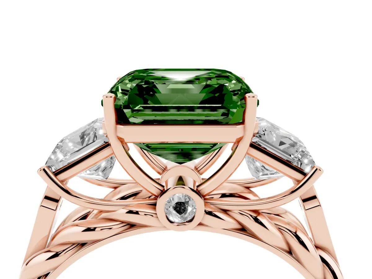 Fancy Green Three-Stone Asscher Cut Diamond Braided Band Ring with Four-Prong Setting Rose gold