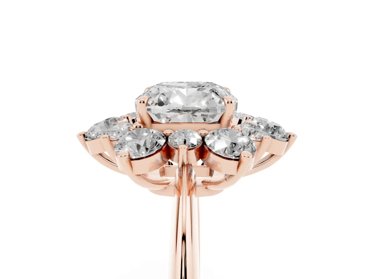 Cushion Cut Diamond Cluster Halo Ring with Solitaire Band and Four-Prong Setting Rose gold