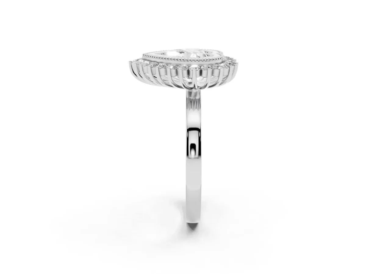 Heart Cut Halo Diamond Ring with Milgrain Edge and Round Prong Setting Silver