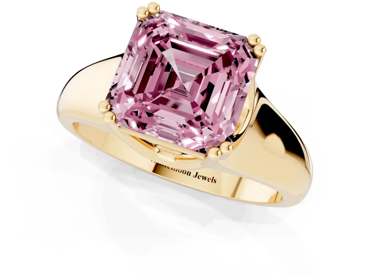 Fancy Pink Asscher Cut Diamond Solitaire Ring with Wide Band and Prong Setting Yellow gold