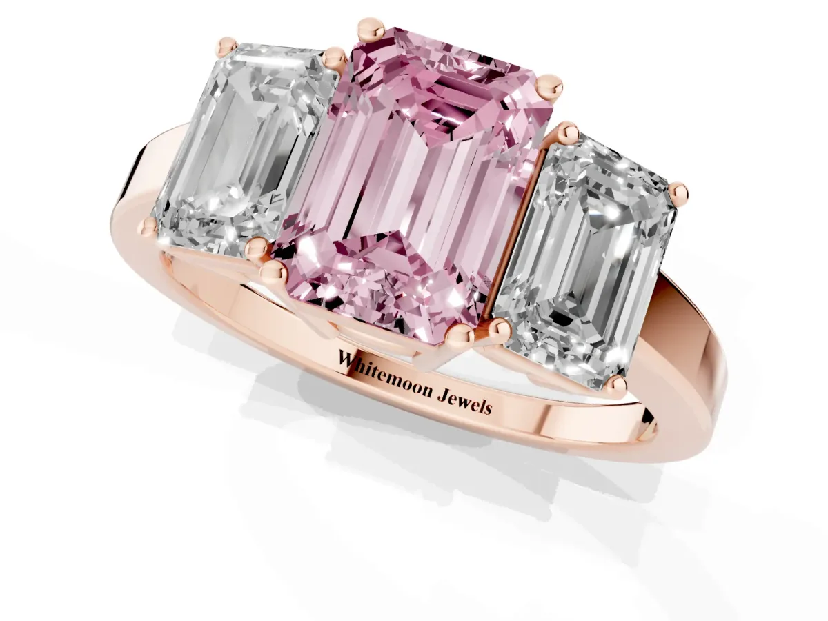 Fancy Pink Three-Stone Emerald Cut Cut Diamond Engagement Ring with Flat Band and Four-Prong Setting Rose gold
