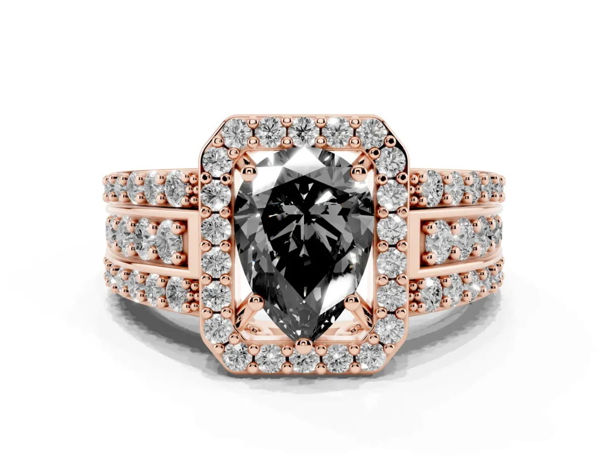 Fancy Black Pear Cut Halo Diamond Ring with Round Split Shank and Prong Setting Rose gold