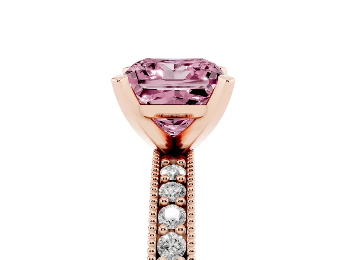 Fancy Pink Princess Cut Diamond Milgrain Pavé Engagement Ring with Four-Prong Setting Rose gold