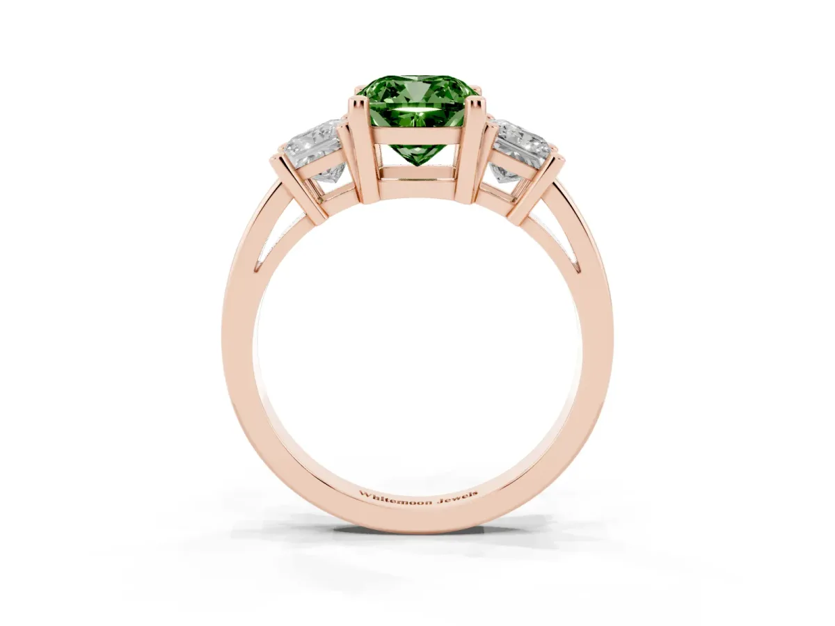 Fancy Green Three-Stone Cushion Cut Cut Solitaire Ring with Prong Setting Rose gold