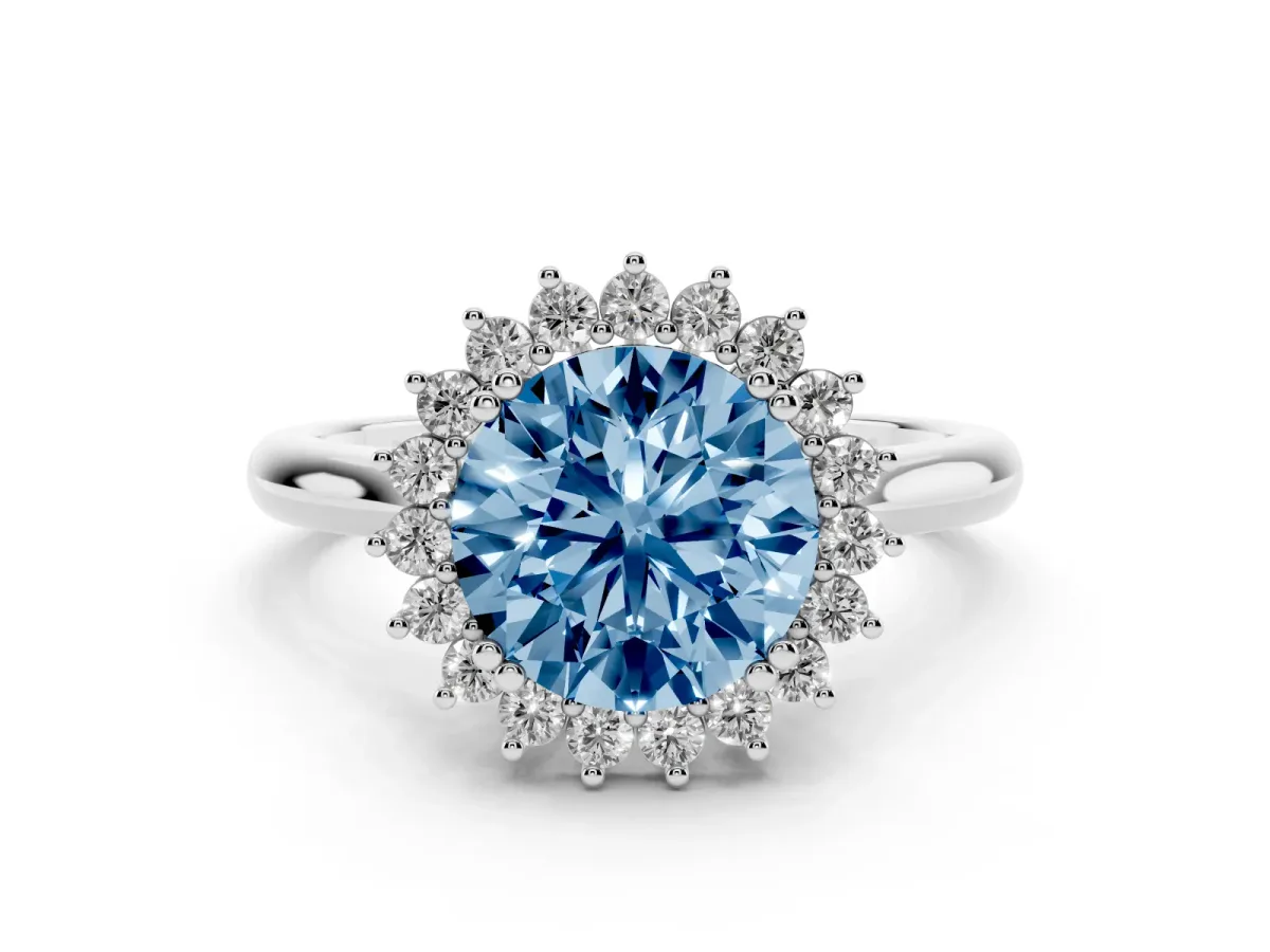 Fancy Blue Round Cut Cut Diamond Halo Ring with Solitaire Band and Prong Setting Silver