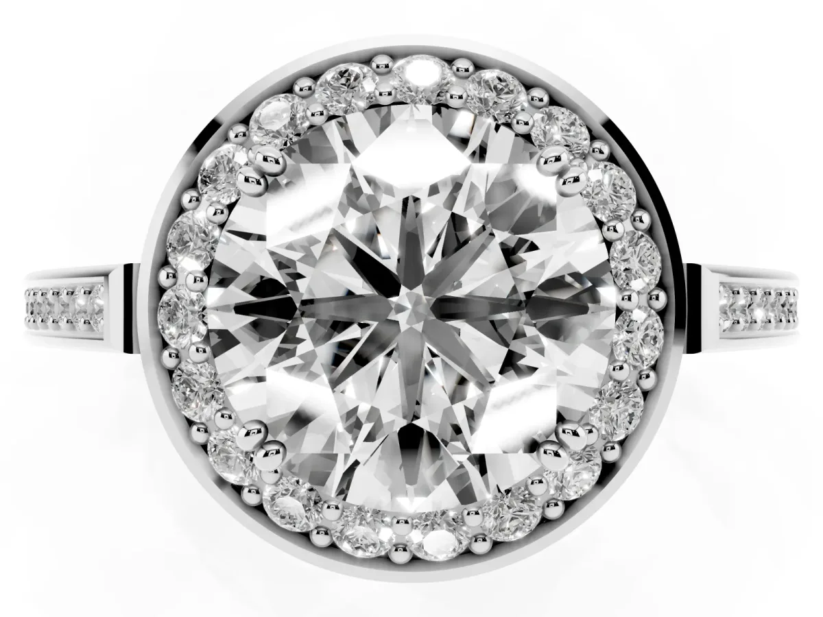 Round Cut Diamond Halo Ring with Split Shank and Four-Prong Setting Silver