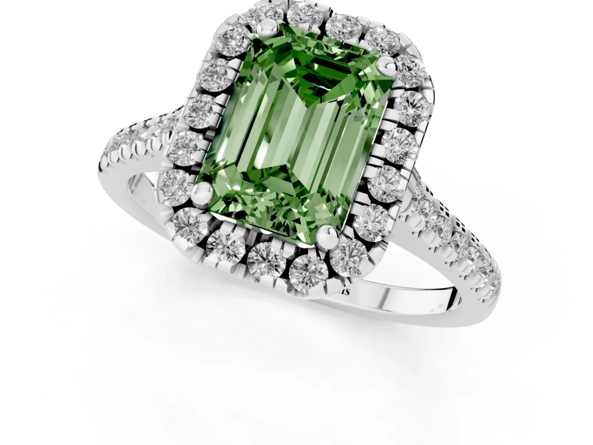 Fancy Green Emerald Cut Diamond Cushion Halo Ring with Pavé Band Silver