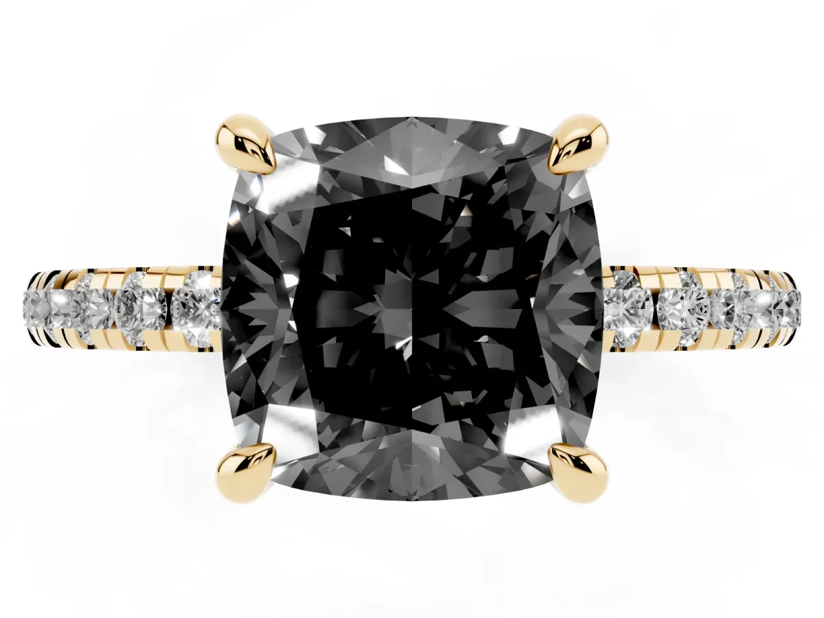 Fancy Black Cushion Cut Diamond Brilliant Solitaire Ring with Pavé Band and Four-Prong Setting Yellow gold