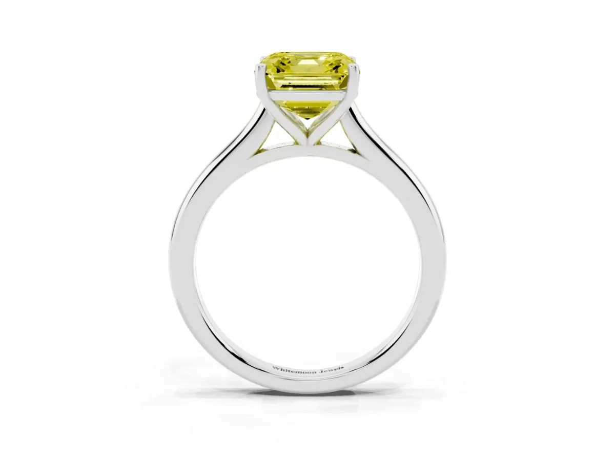 Fancy Yellow Asscher Cut Cut Solitaire Ring with Cathedral Band and Four-Prong Setting Silver