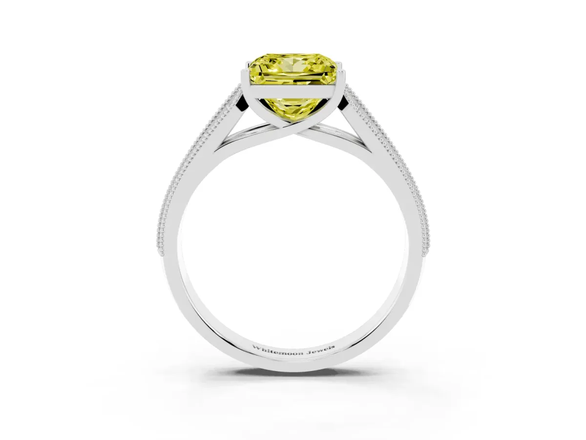 Fancy Yellow Princess Cut Cut Pave Split Shank Engagement Ring with Four-Prong Setting White gold