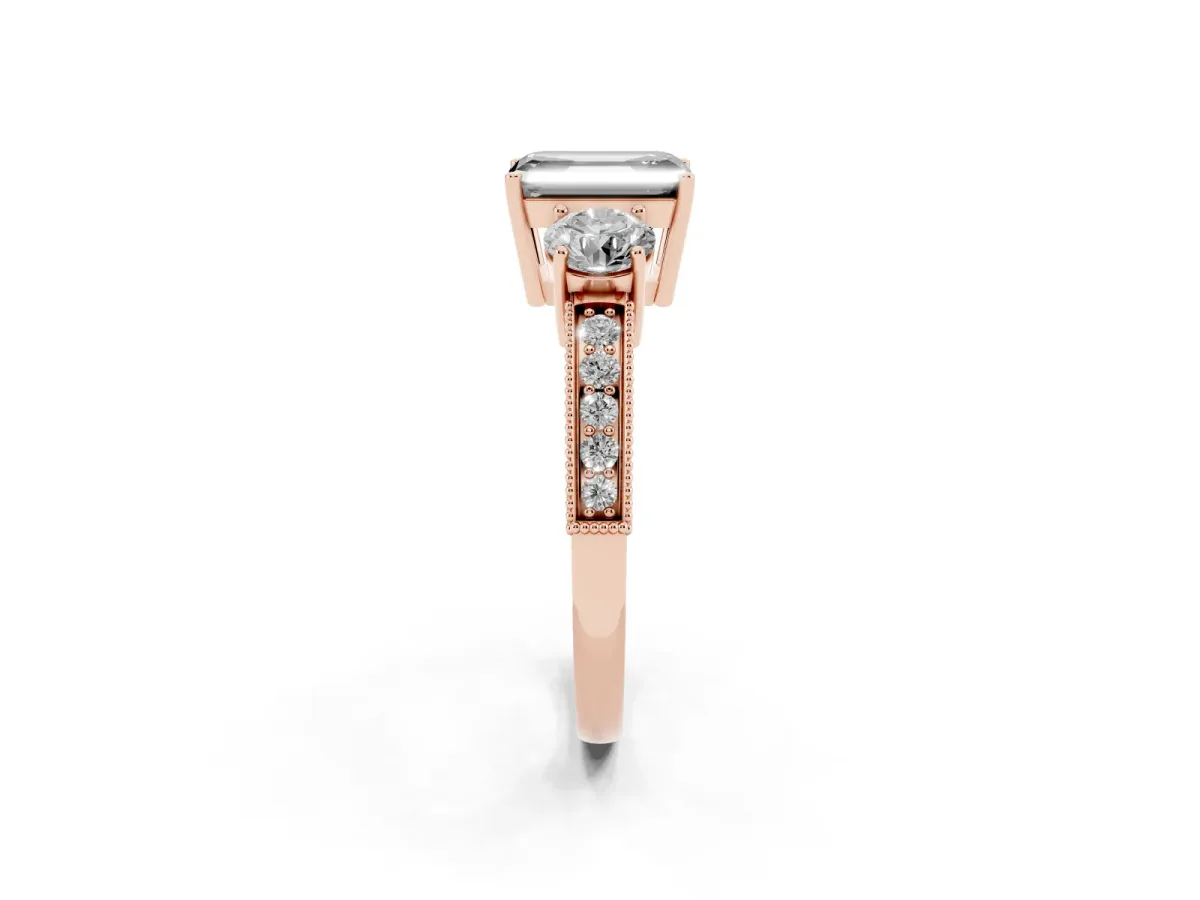 Fancy Black Emerald Cut Three-Stone Diamond Ring with Pavé Band and Four-Prong Setting Rose gold