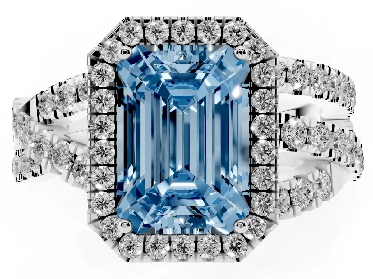 Fancy Blue Emerald Cut Diamond Halo Ring with Round Split Shank and Prong Setting Platinum