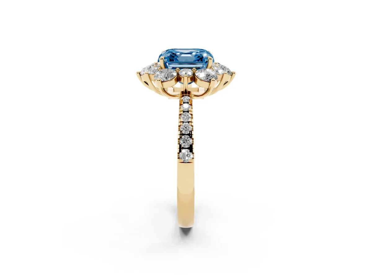 Fancy Blue Asscher Cut Diamond Floral Halo Ring with Round Pavé Band and Prong Setting Yellow gold