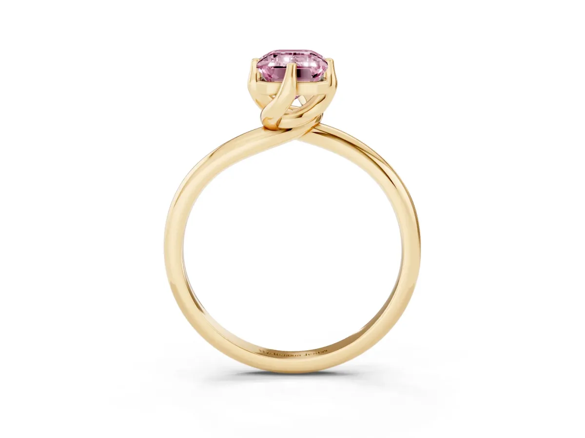 Fancy Pink Emerald Cut Diamond Solitaire Engagement Ring with Four-Prong Setting and Classic Band Yellow gold