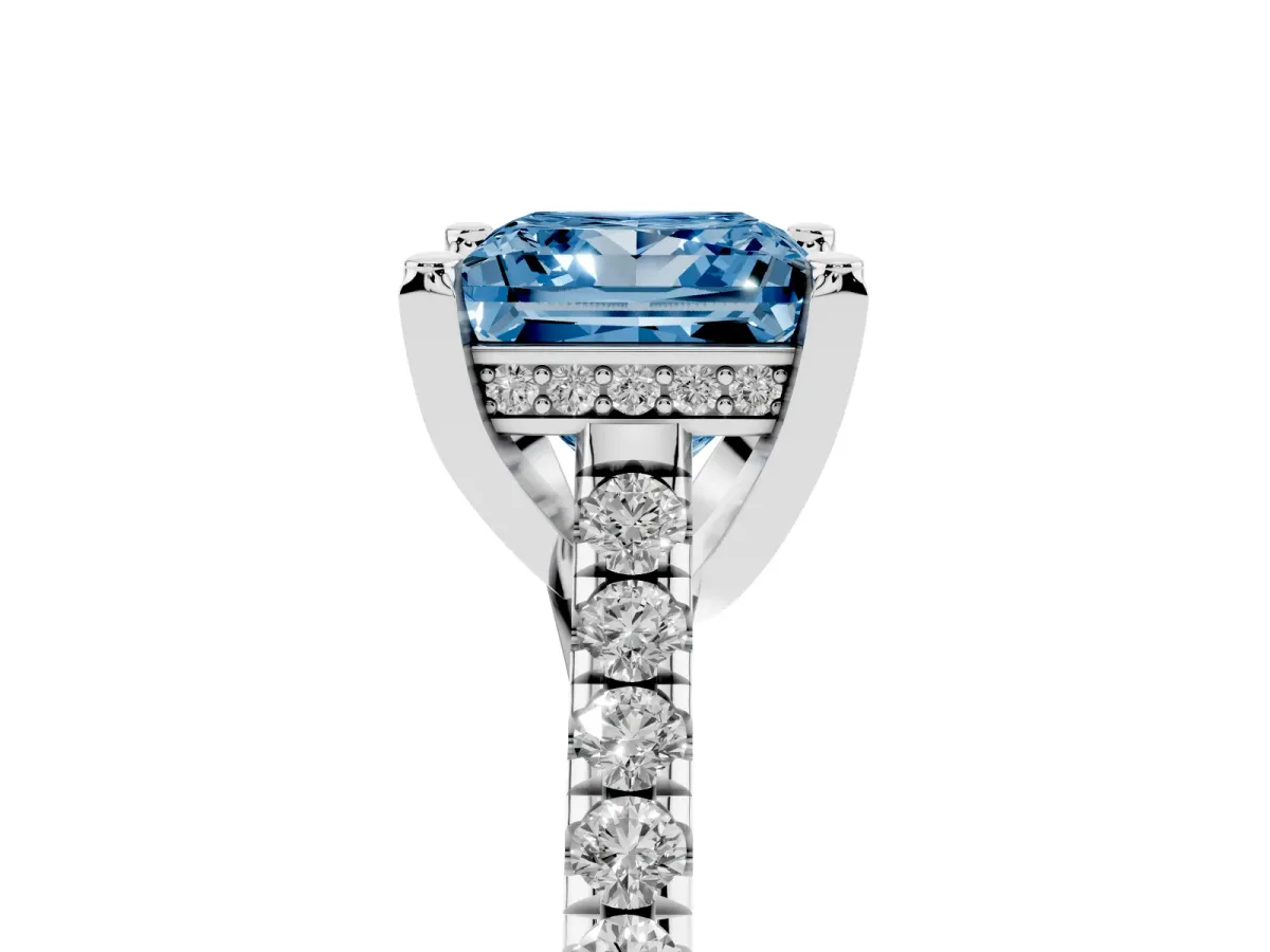 Fancy Blue Princess Cut Brilliant Diamond Solitaire with Pavé Band and Four-Prong Setting White gold