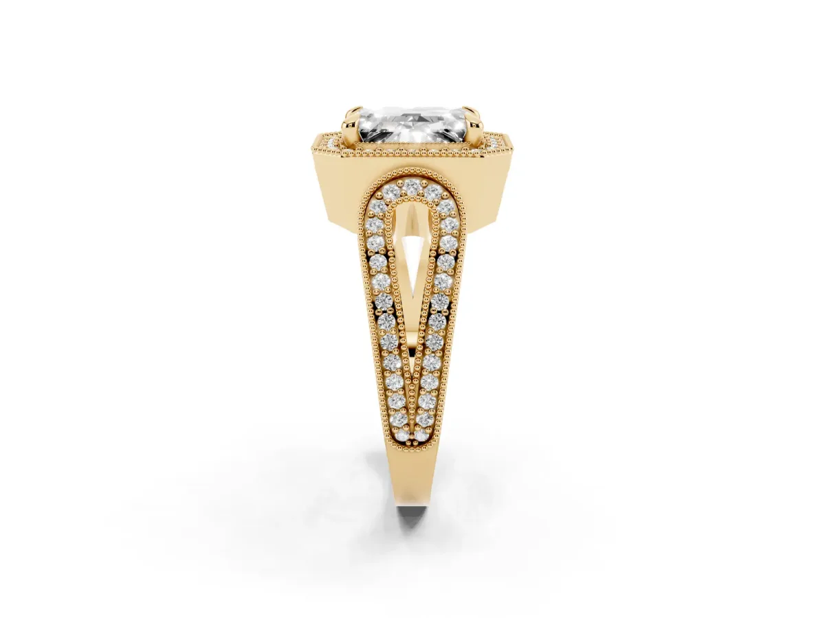 Emerald Cut Halo Split Shank Milgrain Diamond Ring Yellow gold