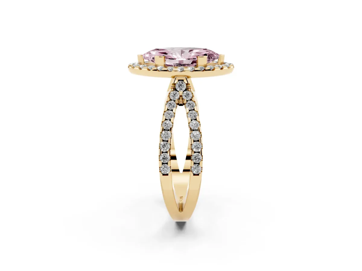 Fancy Pink Marquise Cut Diamond Halo Ring with Split Shank Pavé Band and Prong Setting Yellow gold