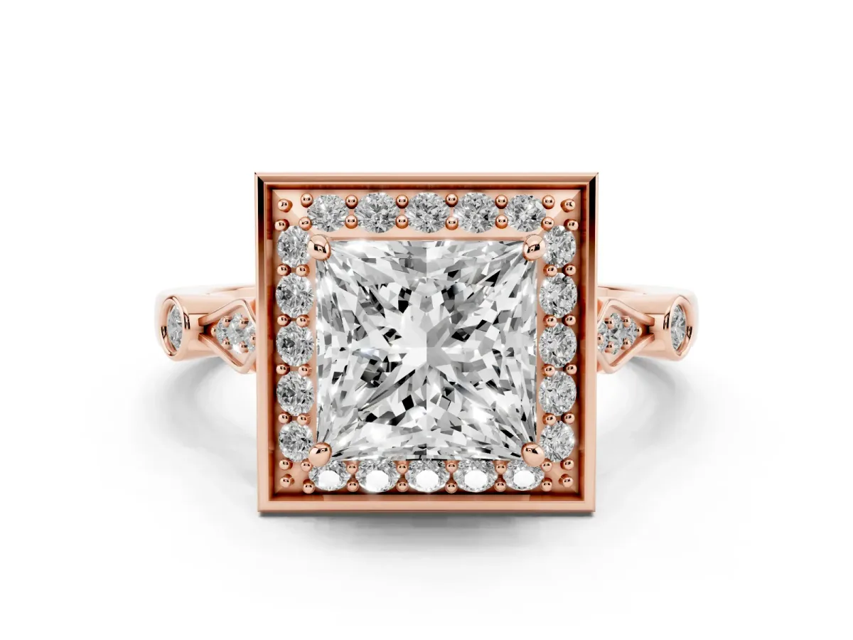 Princess Cut Halo Diamond Engagement Ring with Twisted Band and Four-Prong Setting Rose gold