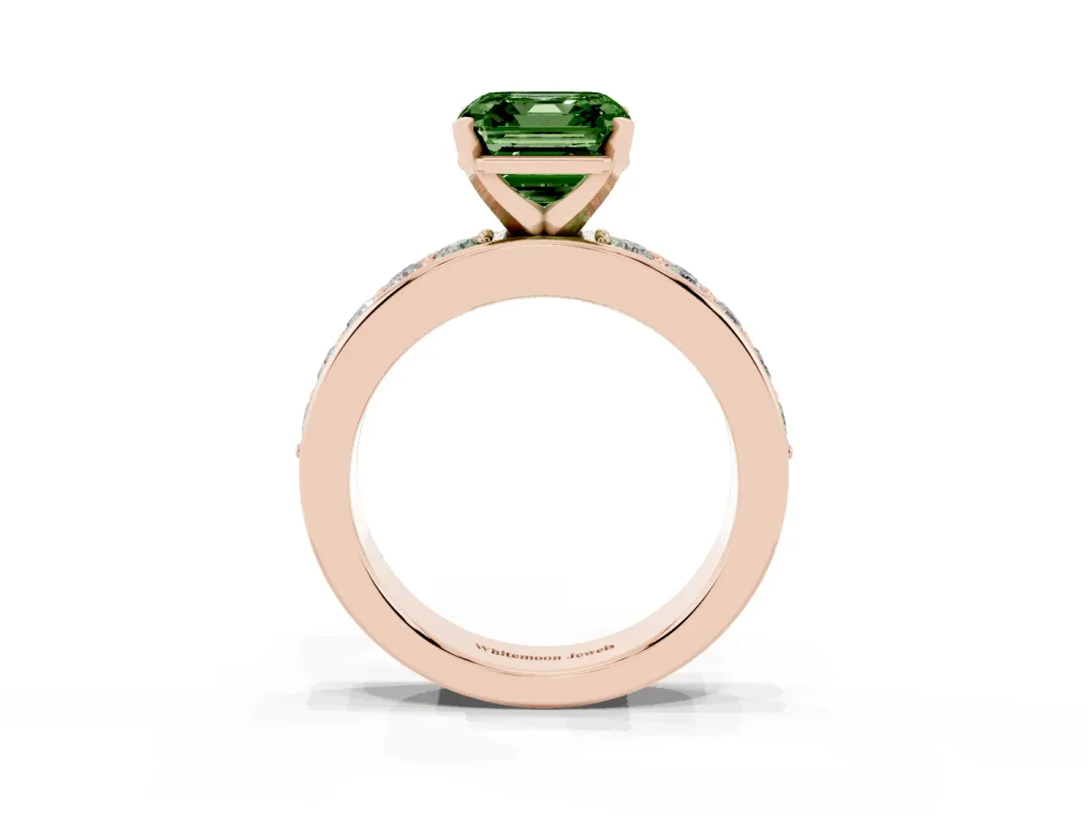 Fancy Green Asscher Cut Diamond Engagement Ring with Channel Set Round Band and Prong Setting Rose gold