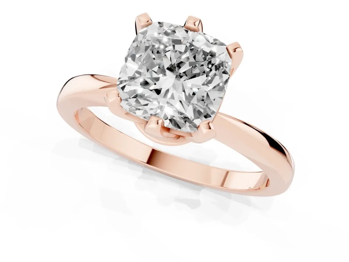 Cushion Cut Solitaire Engagement Ring with Six-Prong Setting and Tapered Band Rose gold